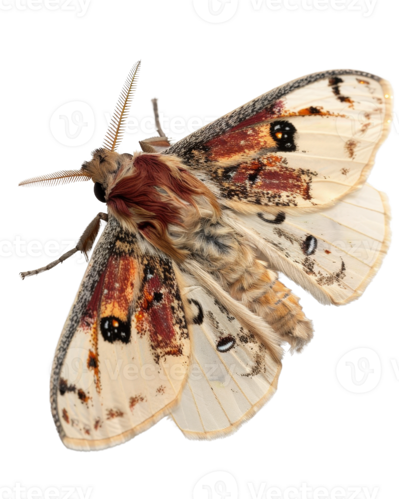Close-up of an intricate and colorful moth with detailed wings showcasing vibrant patterns and textures against a white background png