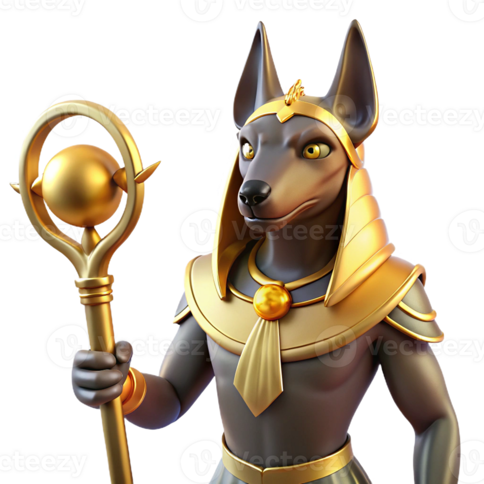 beautiful artistic A fierce Anubis, with a jackal head and regal attire, holding a golden ankh. Art style Ancient Egyptian authentic png