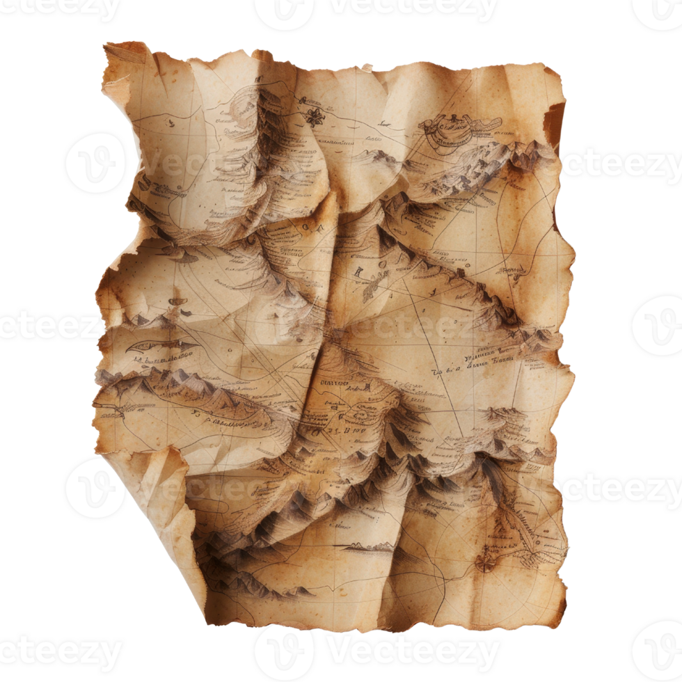 Ancient Vintage Map with Creases and Textures, Showing Mountains and Terrain Details on Weathered Paper Background png