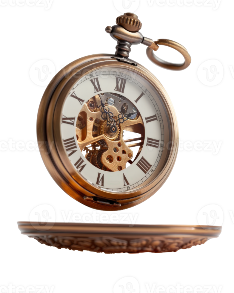 Vintage Pocket Watch with Exposed Mechanism, Antique Design, Roman Numerals, Stunning Display of Craftsmanship and Timekeeping png