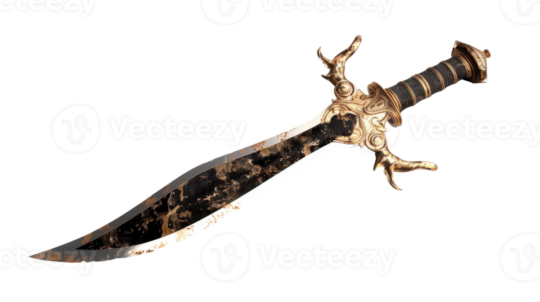 Ornately Designed Sword with Intricate Gold and Black Patterns, Perfect for Fantasy Themes and Historical Representation png