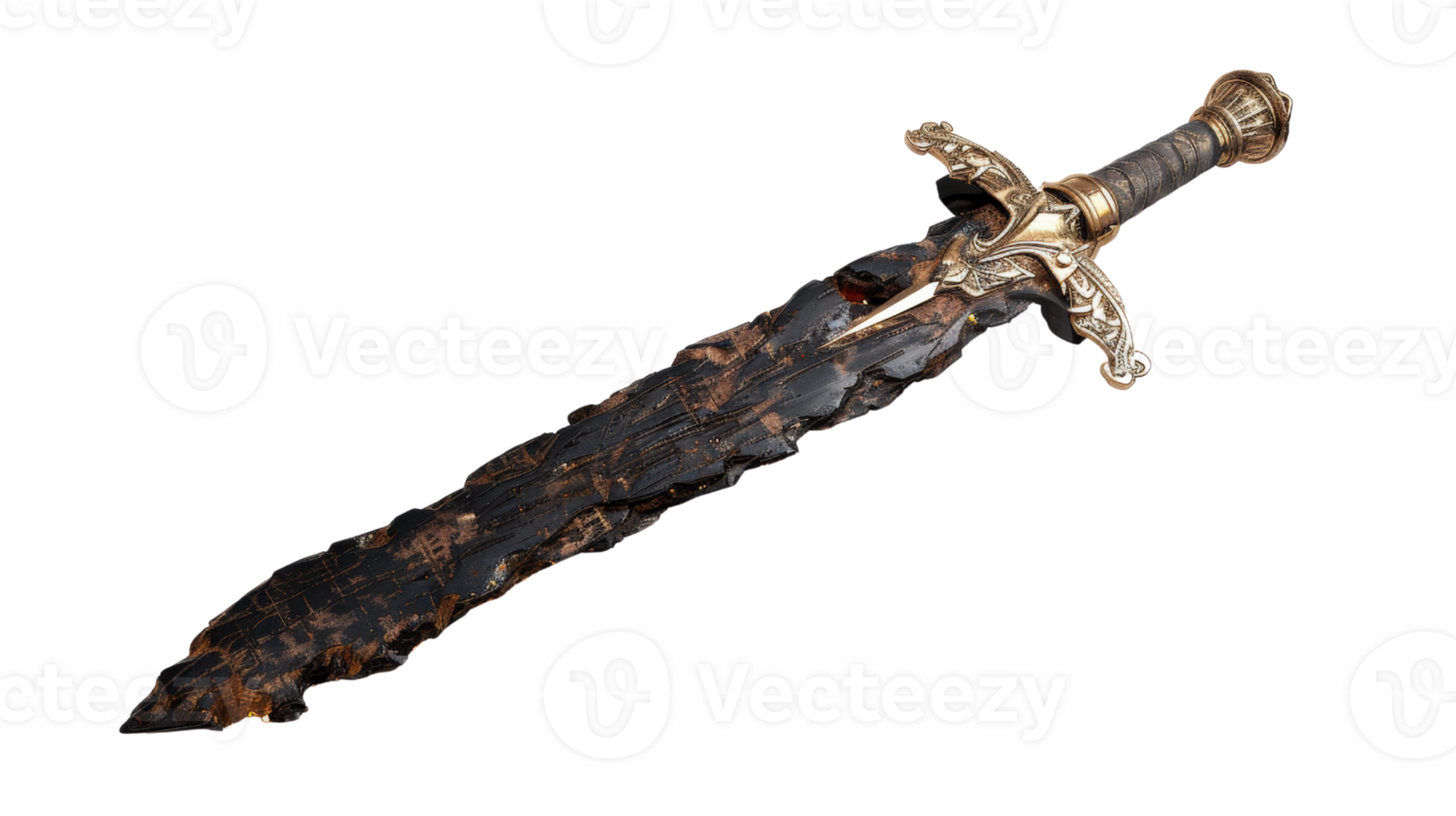 Elaborate sword with intricate design and unique blade texture set against a plain background, suitable for fantasy themes png