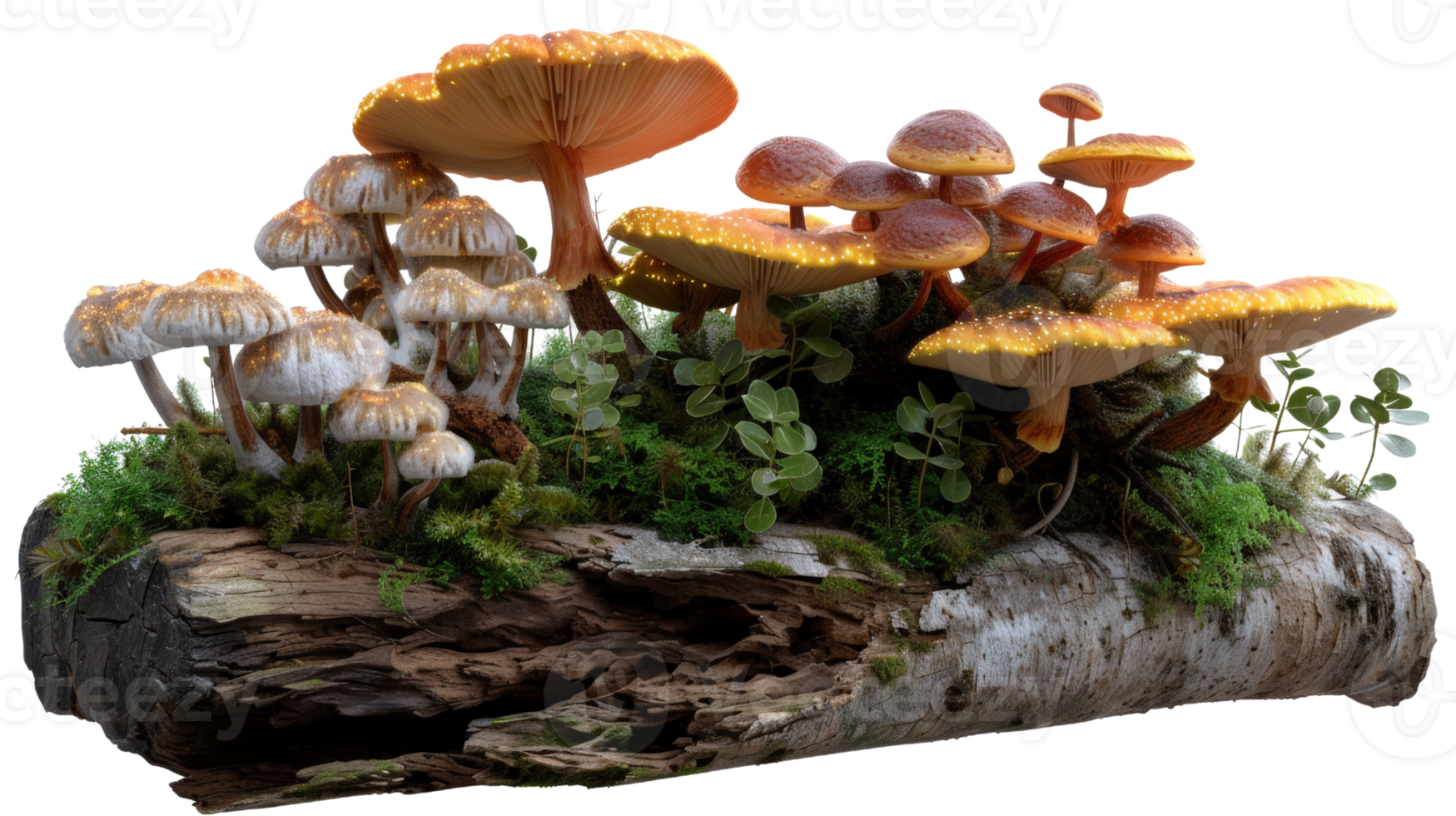 Vibrant and Colorful Forest Mushrooms Growing on a Log Surrounded by Greenery and Moss in a Natural Setting png
