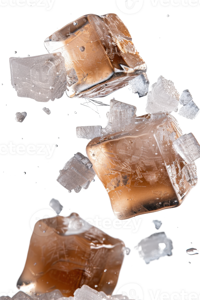 Dynamic Falling Ice Cubes in a Splashing Arrangement on a Transparent Background for Cool Beverage Imagery png