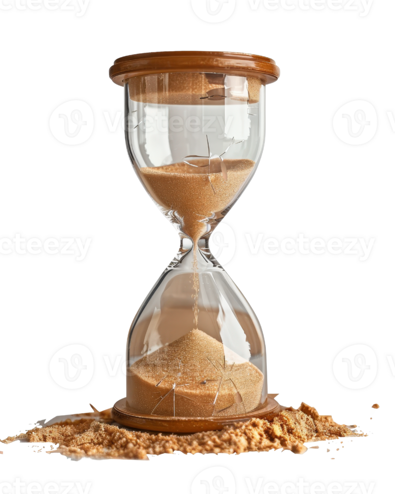 Broken glass hourglass with sand spilling out on a white background illustrating the passage of time and urgency png