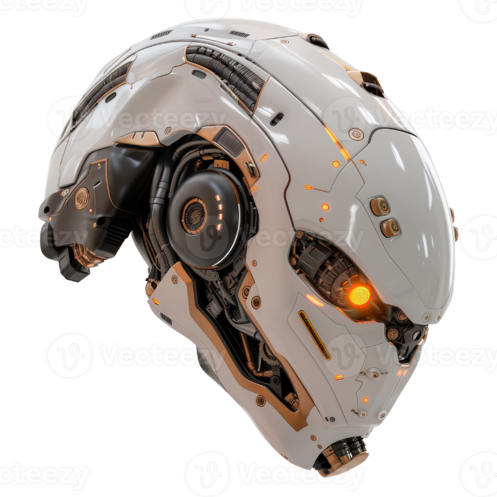 Futuristic robotic head design with intricate mechanical details and vibrant glowing elements for advanced technology themes png