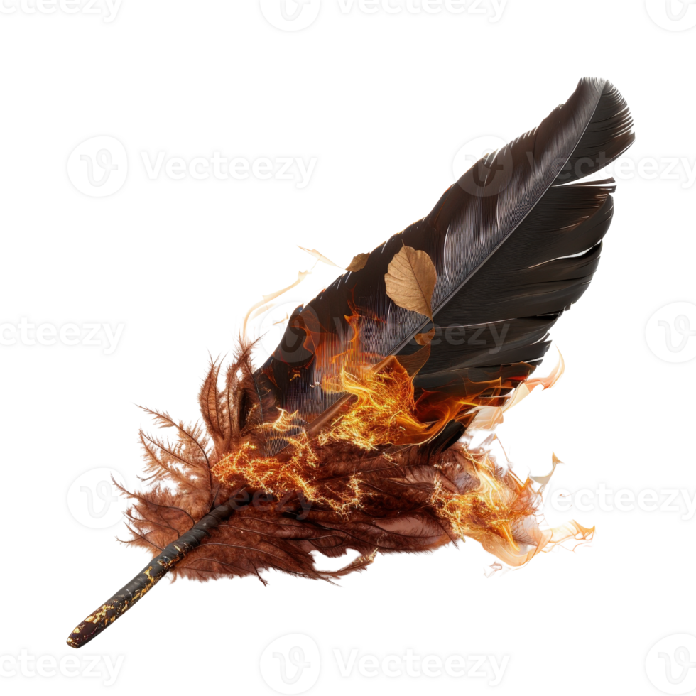 Feather Quill Pen with Flames and Autumn Leaves Representing Creativity and Inspiration in Artistic Expression png