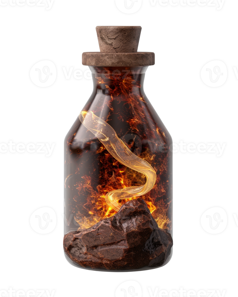 Enchanted Potion Bottle with Fiery Smoke and Rock, Magical Elixir Concept, Glass Container with Mystic Elements png