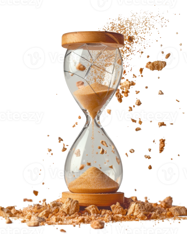 Elegant hourglass with flowing sand, wooden base, and scattered grains, symbolizing time and life's fleeting moments png