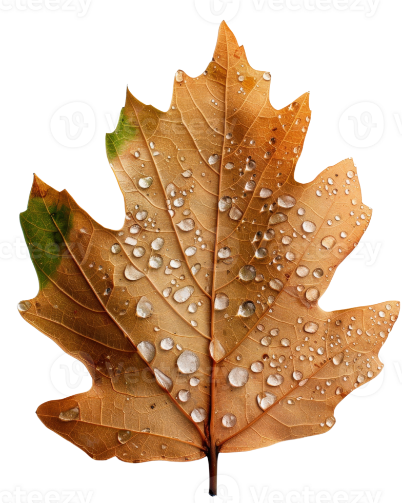 Close-up of a wet autumn leaf with water droplets showcasing intricate textures and vibrant colors against a black background png