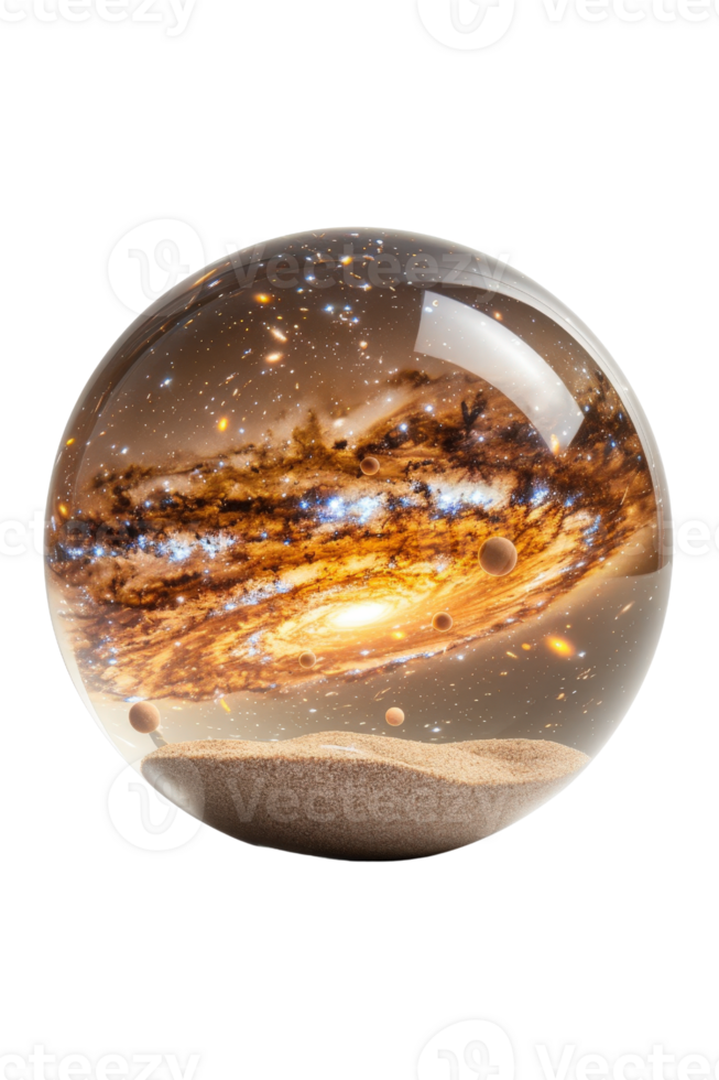 Crystal globe showcasing a stunning view of a swirling galaxy, cosmic dust, and celestial bodies reflecting light. png