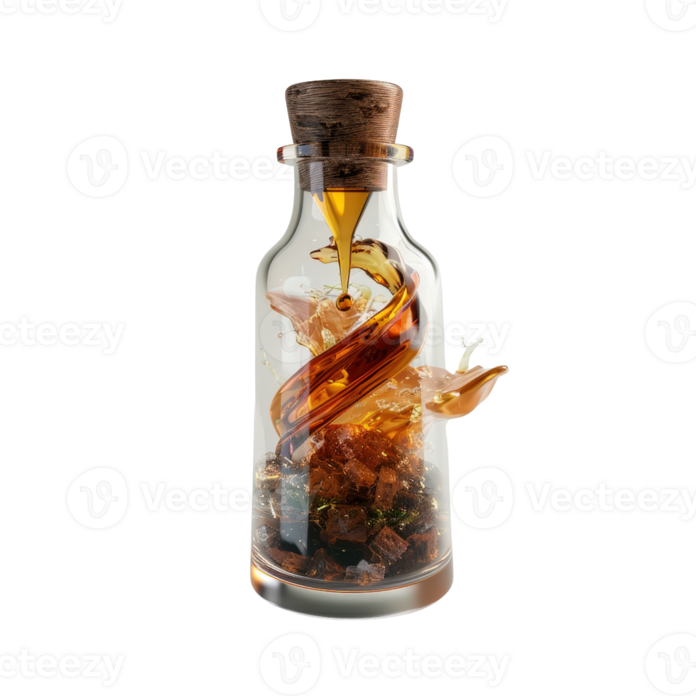 Unique Glass Bottle with Spiraling Liquid and Ice Cubes, Decorative Art Piece for Creative Home or Office Decor png