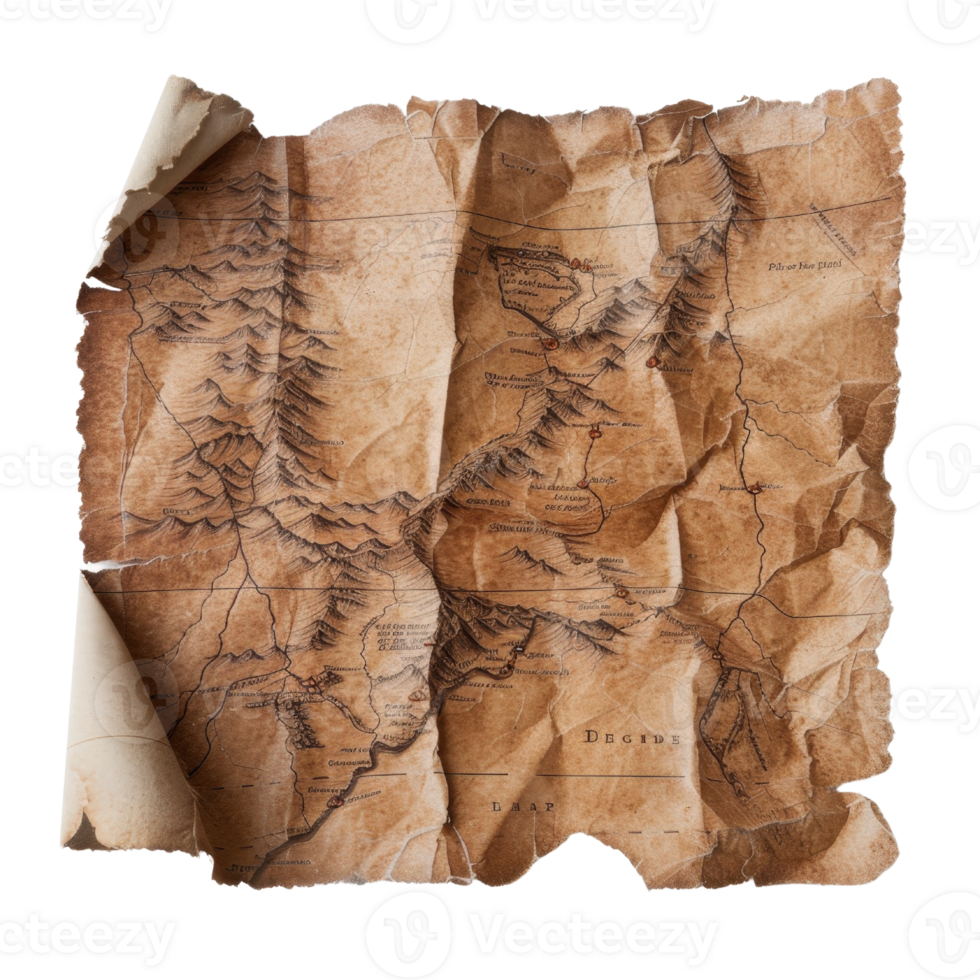 Vintage wrinkled treasure map with detailed illustrations of mountains, rivers, and unexplored regions on aged paper png