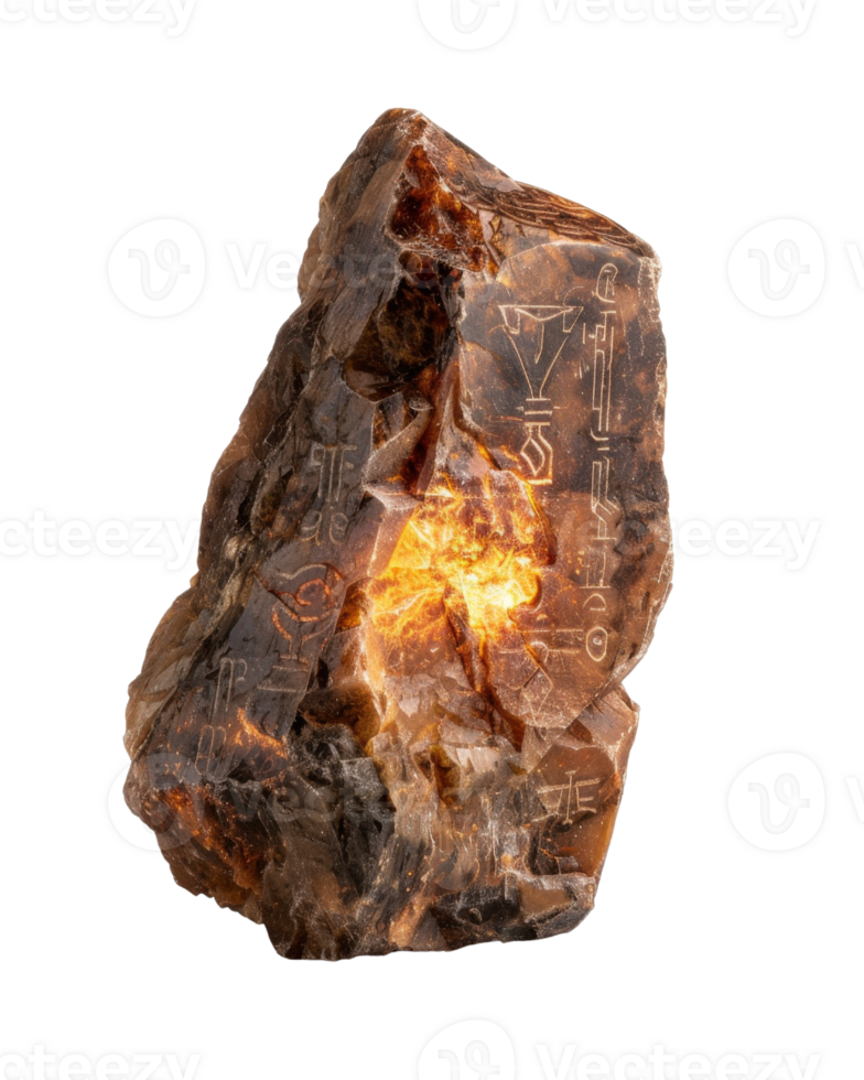 Illuminated Crystal Rock with Ancient Symbols, Unique Texture and Warm Glow, Isolated on White Background png