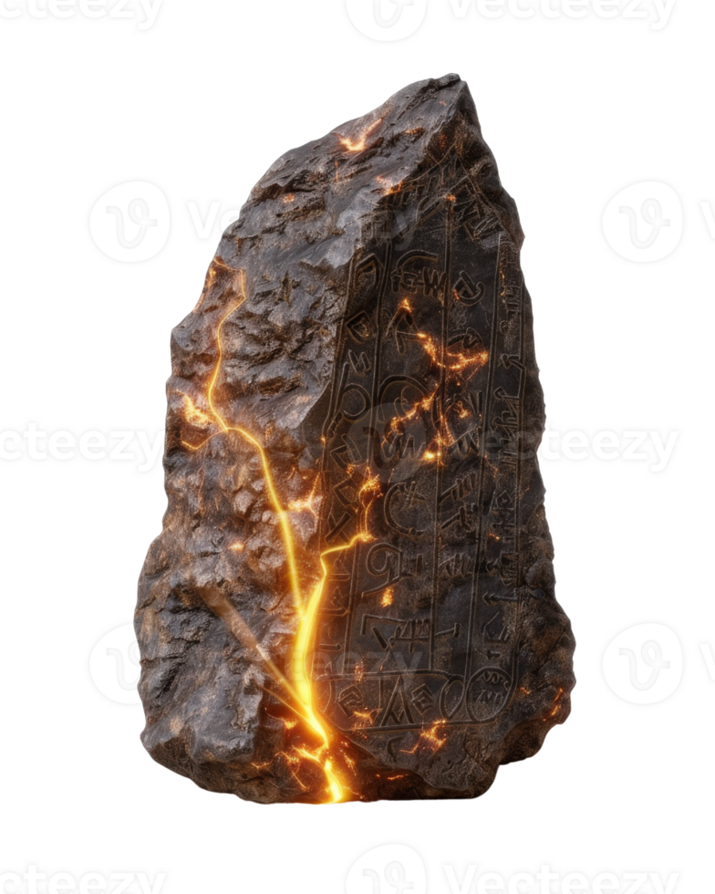 Ancient carved stone with glowing cracks and intricate symbols representing lost civilization lore and mystique png