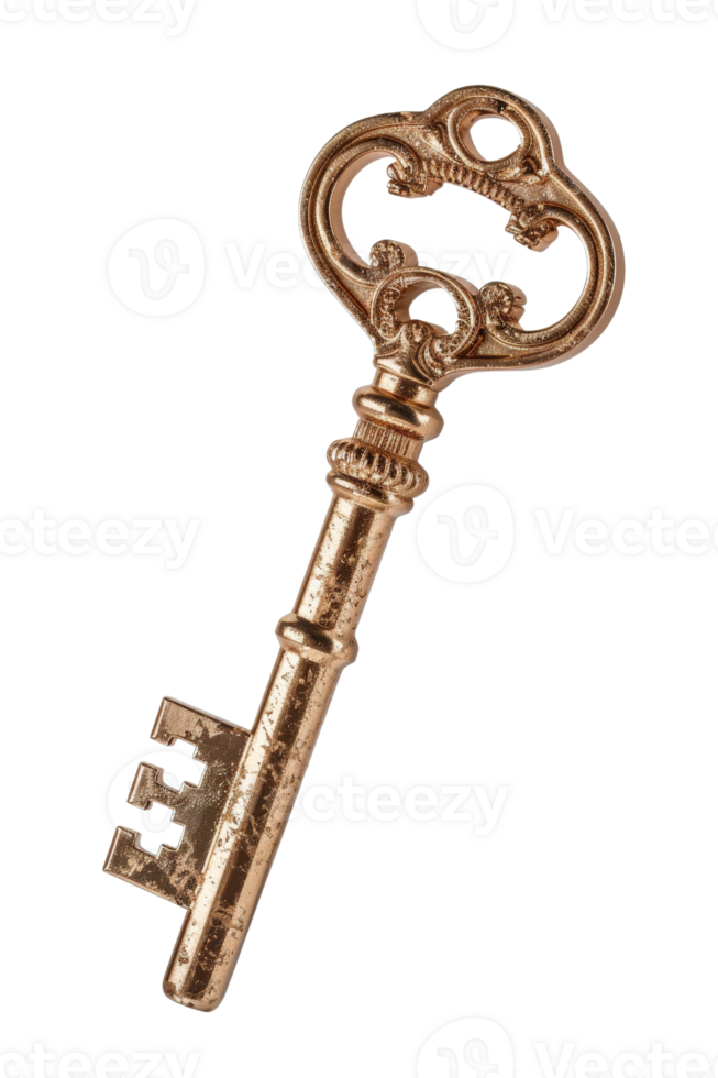 Vintage ornate key with intricate design and detailed texture on a white background for classic, historical themes png