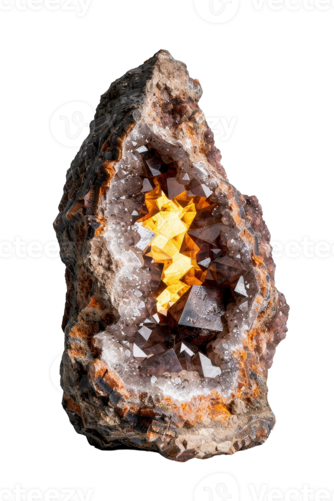 Stunning Natural Quartz Crystal Geode with Golden and Brown Facets Highlighting Intricate Mineral Patterns png