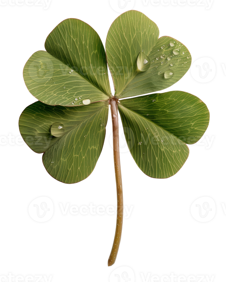 Close-Up View of a Green Four-Leaf Clover with Water Drops on Leaf Surface Isolated on White Background png