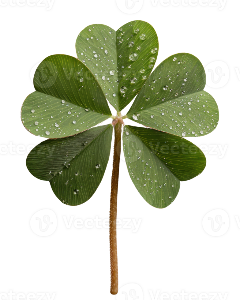 Fresh green four-leaf clover with water droplets isolated on white background for good luck and nature concepts png