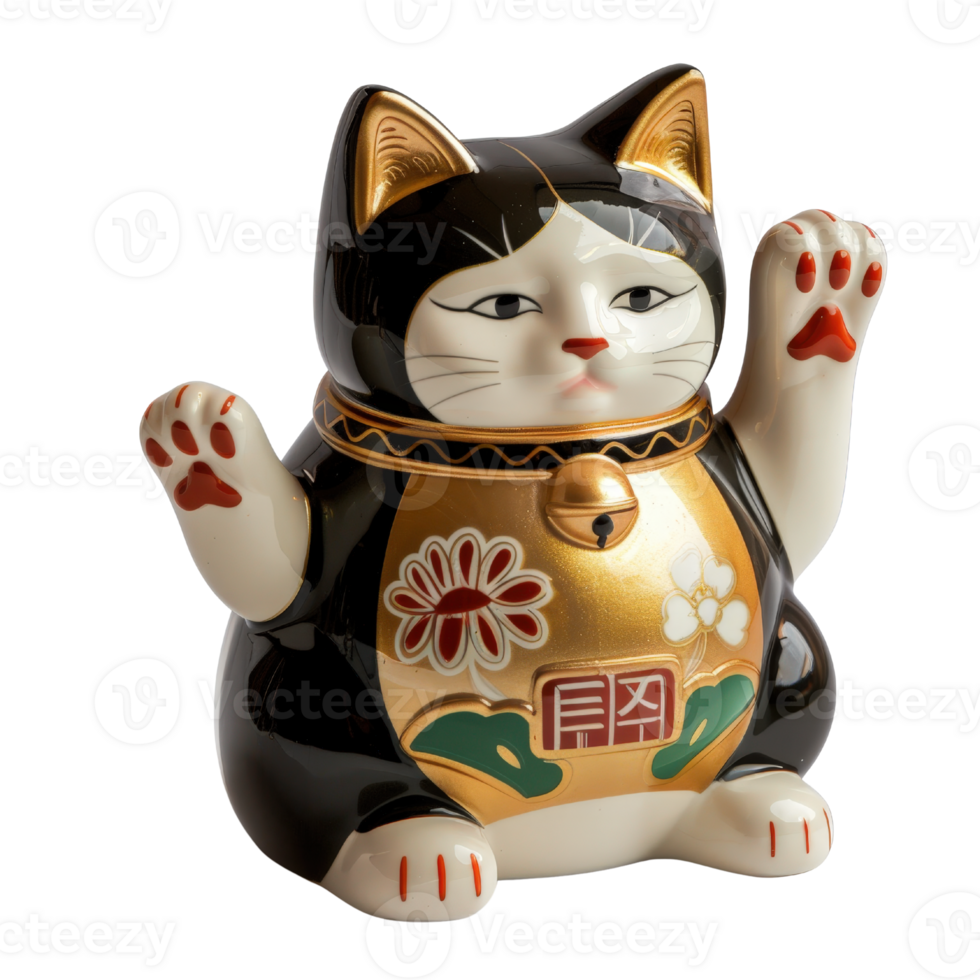 Cat Figurine with Traditional Japanese Design Featuring Gold Accents and Floral Patterns for Decorative Use png