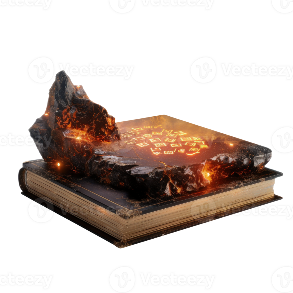 Enchanted Ancient Spellbook with Glowing Runes and Mystic Stone Emerging from Pages for Fantasy Art and Imagination png