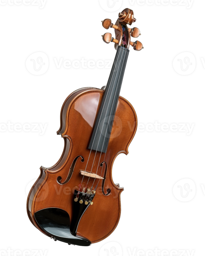 Elegant wooden violin with polished surface, intricate details, and expressive sound design on a transparent background png