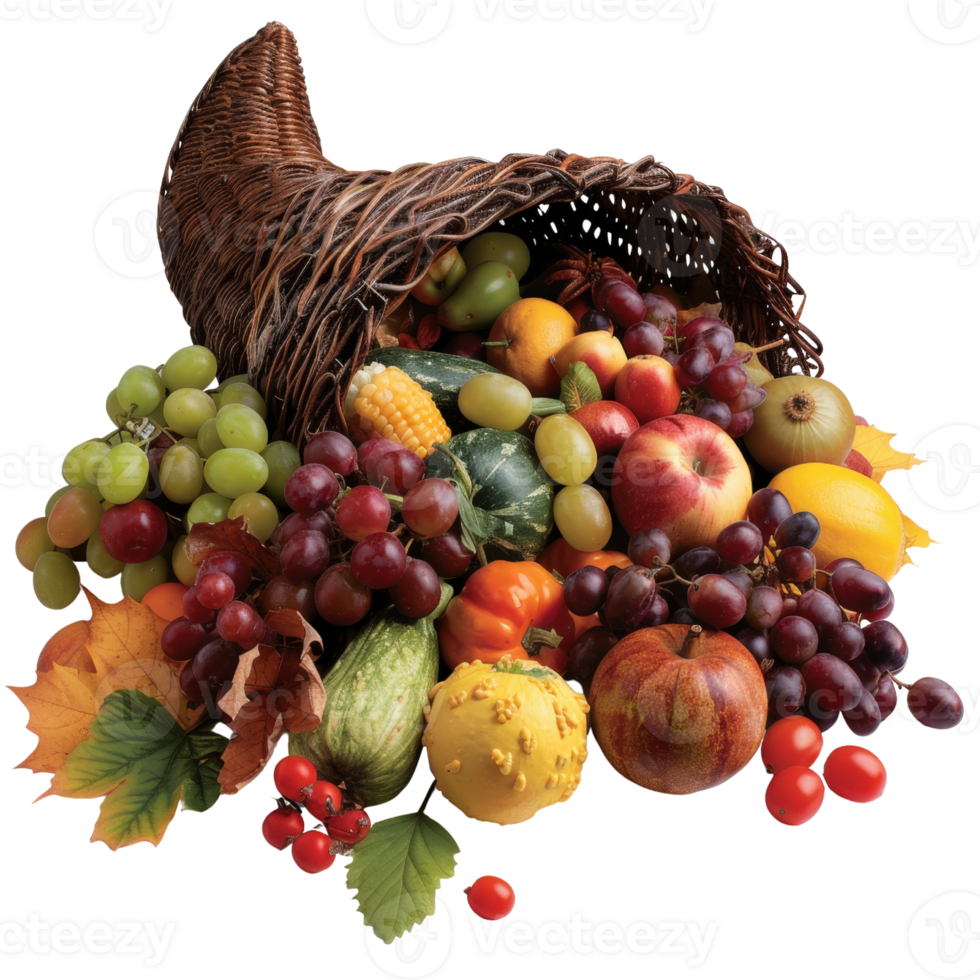 Abundant Harvest of Colorful Fruits and Vegetables Displayed in a Cornucopia for Autumn and Thanksgiving Celebrations png
