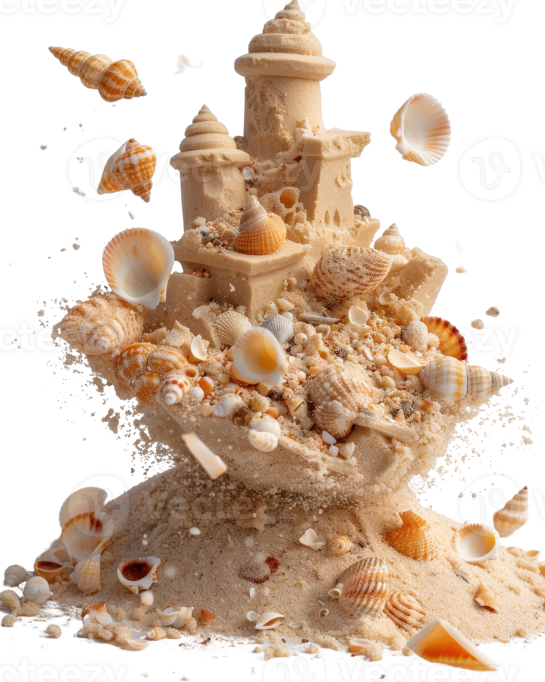 Intricate Sand Castle Surrounded by Seashells with Flying Grains of Sand on a Bright Sunny Day at the Beach png