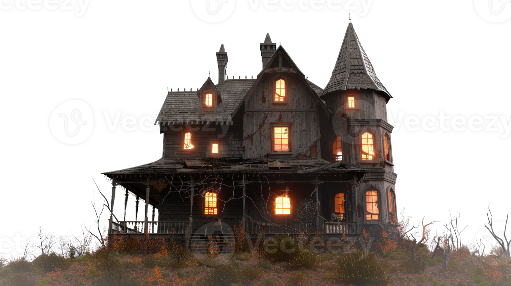 Spooky haunted mansion with glowing windows and overgrown vegetation in an eerie landscape at twilight png