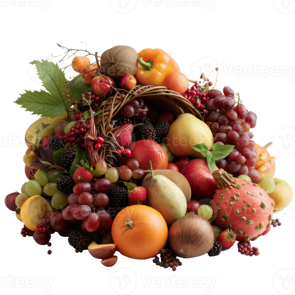 Vibrant Assortment of Fresh Fruits in a Decorative Basket on a Bright Surface with Natural Lighting png