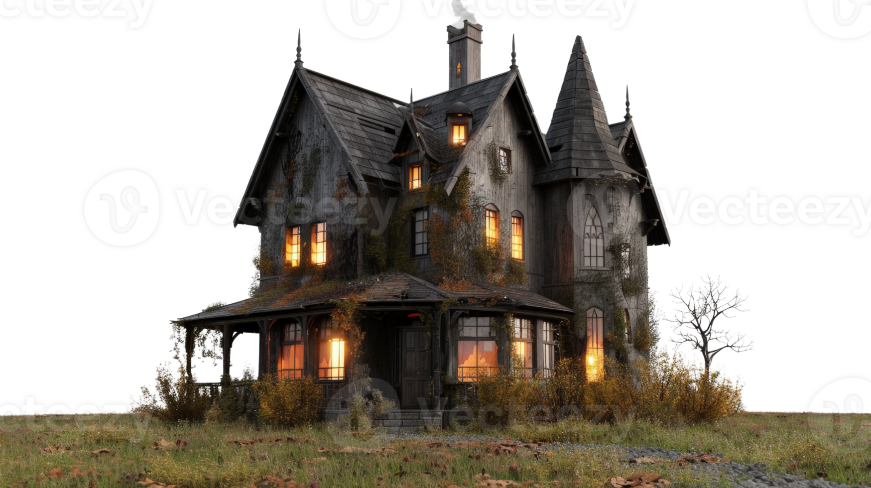 Abandoned Victorian House Surrounded by Overgrown Grass and Illuminated Windows at Dusk png