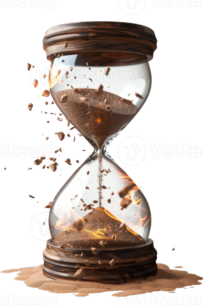 Exploding Hourglass with Brown Sand and Flying Debris Representing Time in Motion and Change Concept png