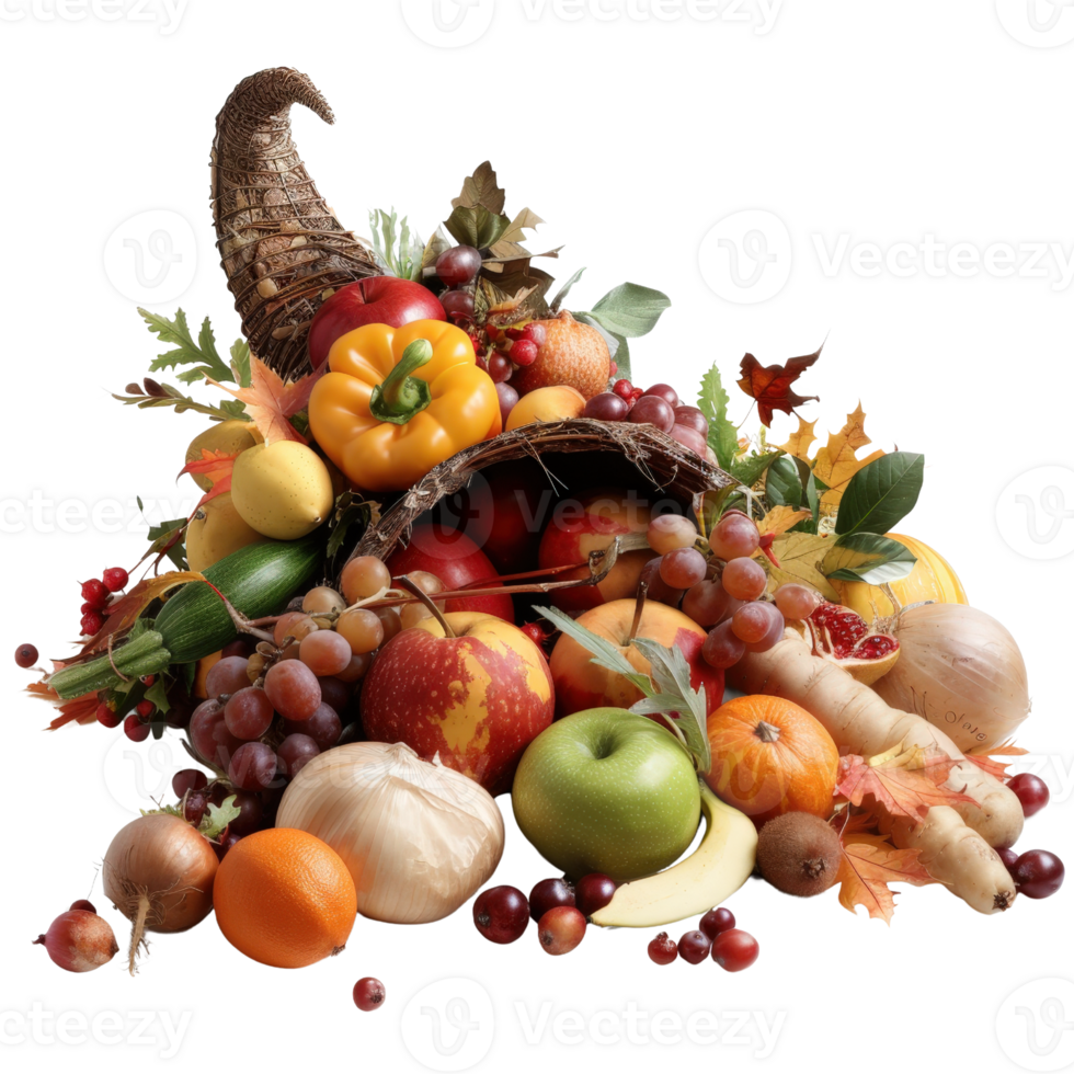 Abundant Cornucopia of Fresh Fruits and Vegetables with Autumn Leaves Perfect for Harvest Celebration png