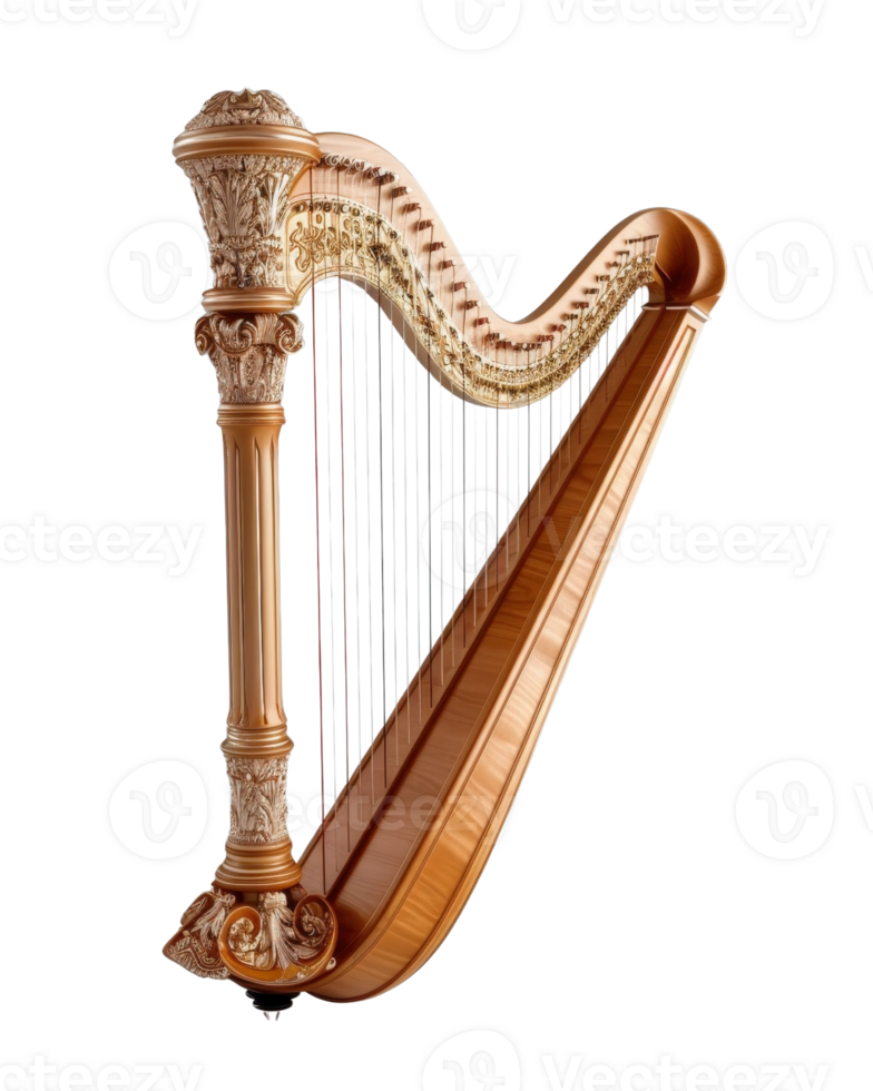 Elegant wooden harp with intricate details and golden strings, isolated on a white background for artistic compositions png