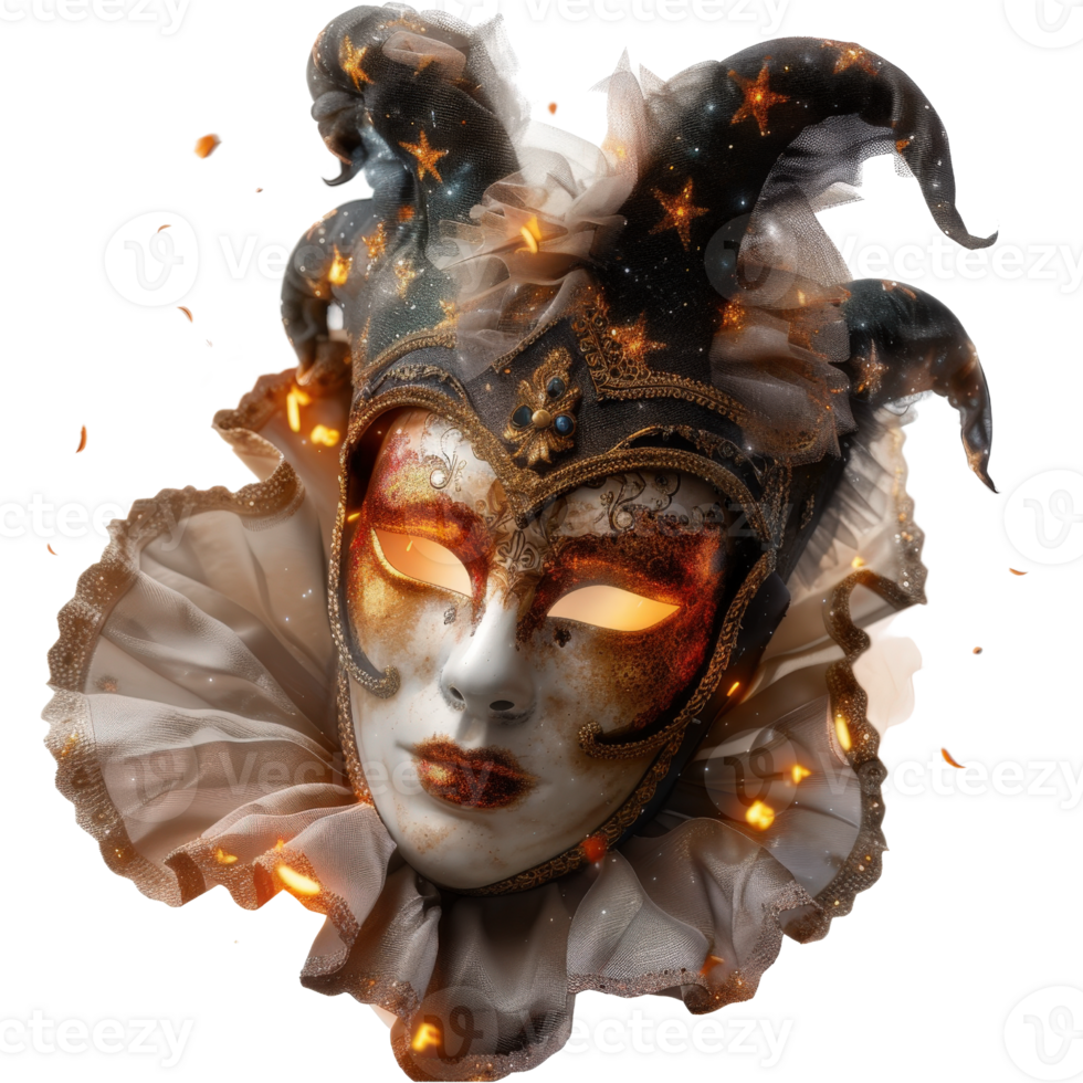 Elegant carnival mask with stars and golden accents, featuring ruffled collar and glowing elements, isolated on dark background png