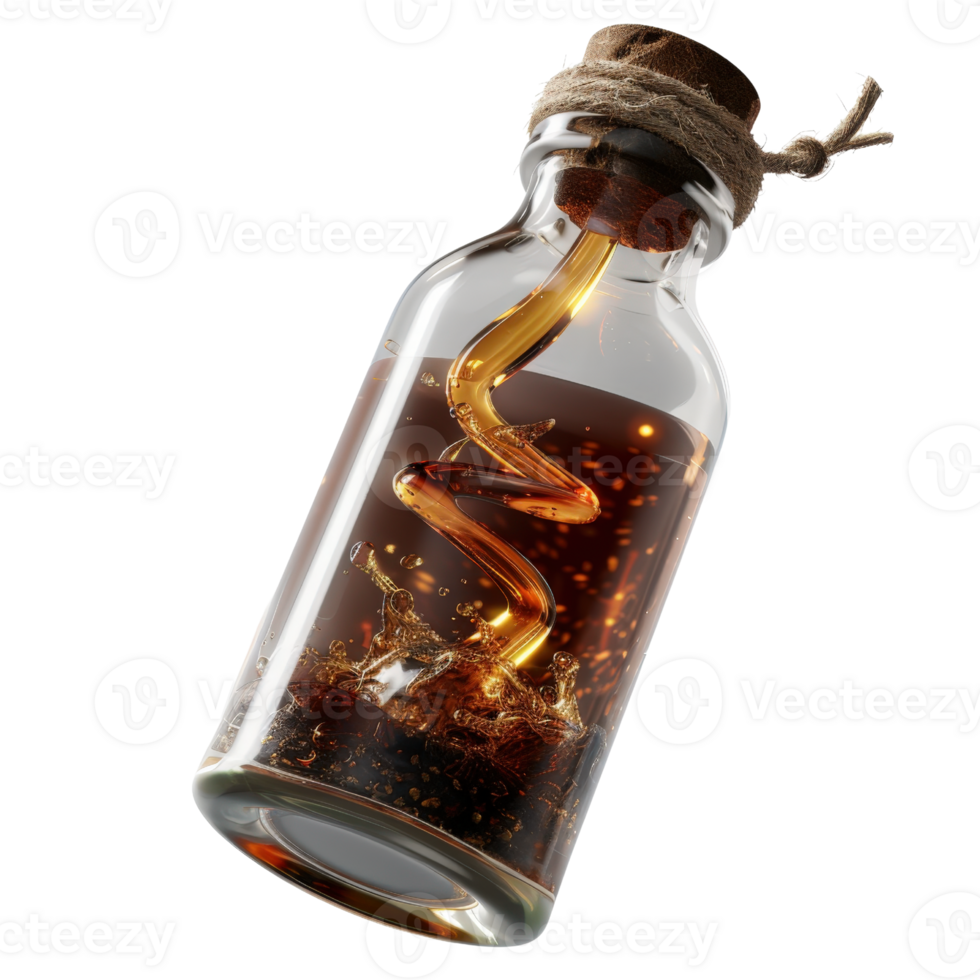 Transparent glass bottle with golden liquid swirling inside and splashes, isolated on white background png