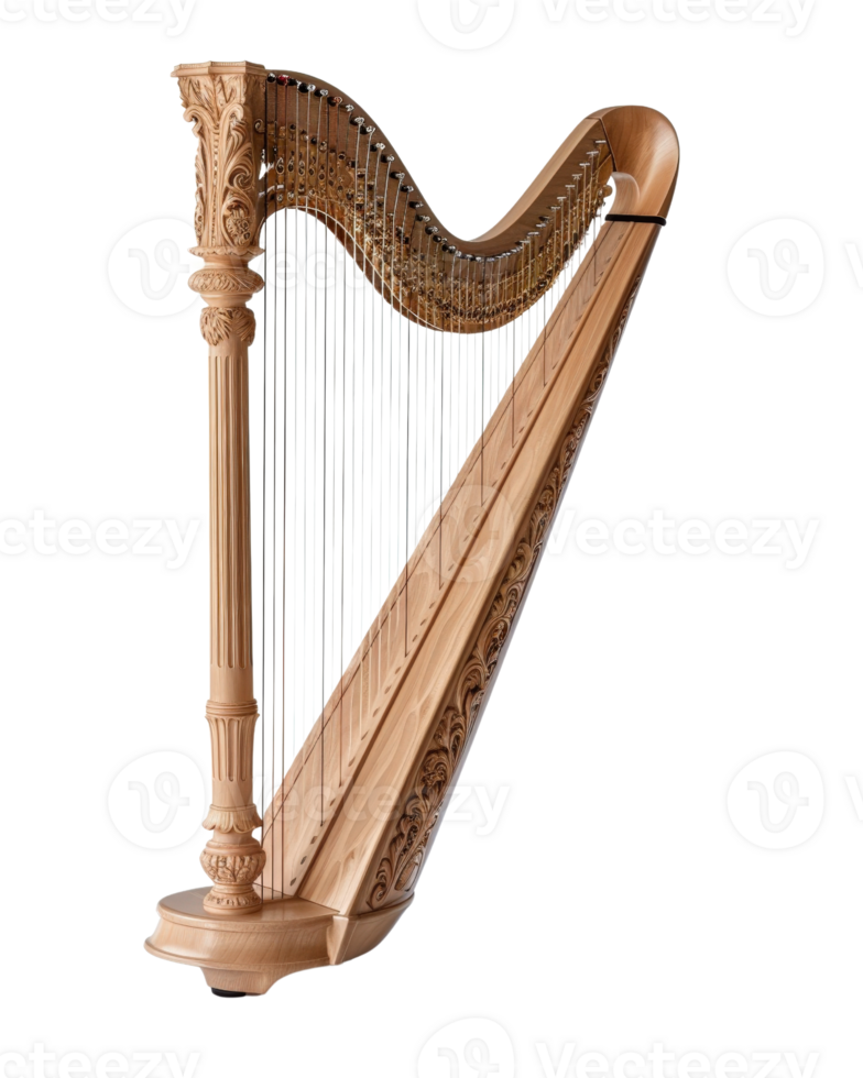 Elegant wooden harp with intricate design, displaying artistry and craftsmanship, ideal for music and instrument themes png