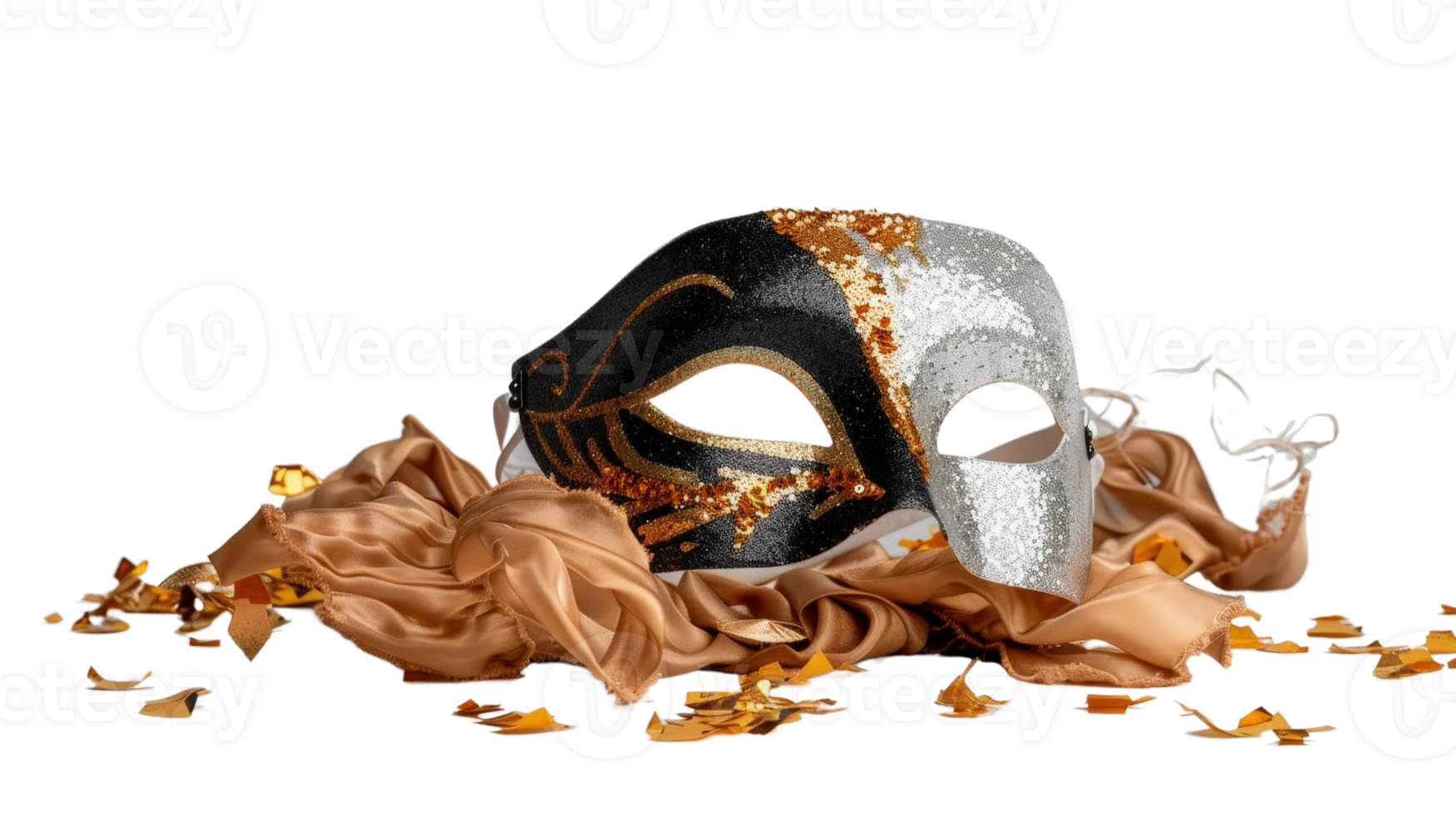Elegant masquerade mask adorned with sequins and resting on soft golden fabric with scattered petals in the background png