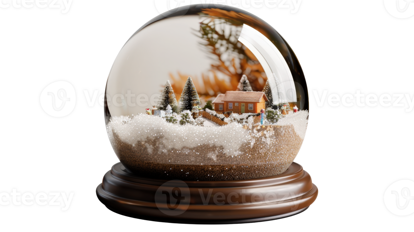 Enchanting snow globe featuring cozy house, pine trees, and delicate snowfall in festive winter scene decoration png
