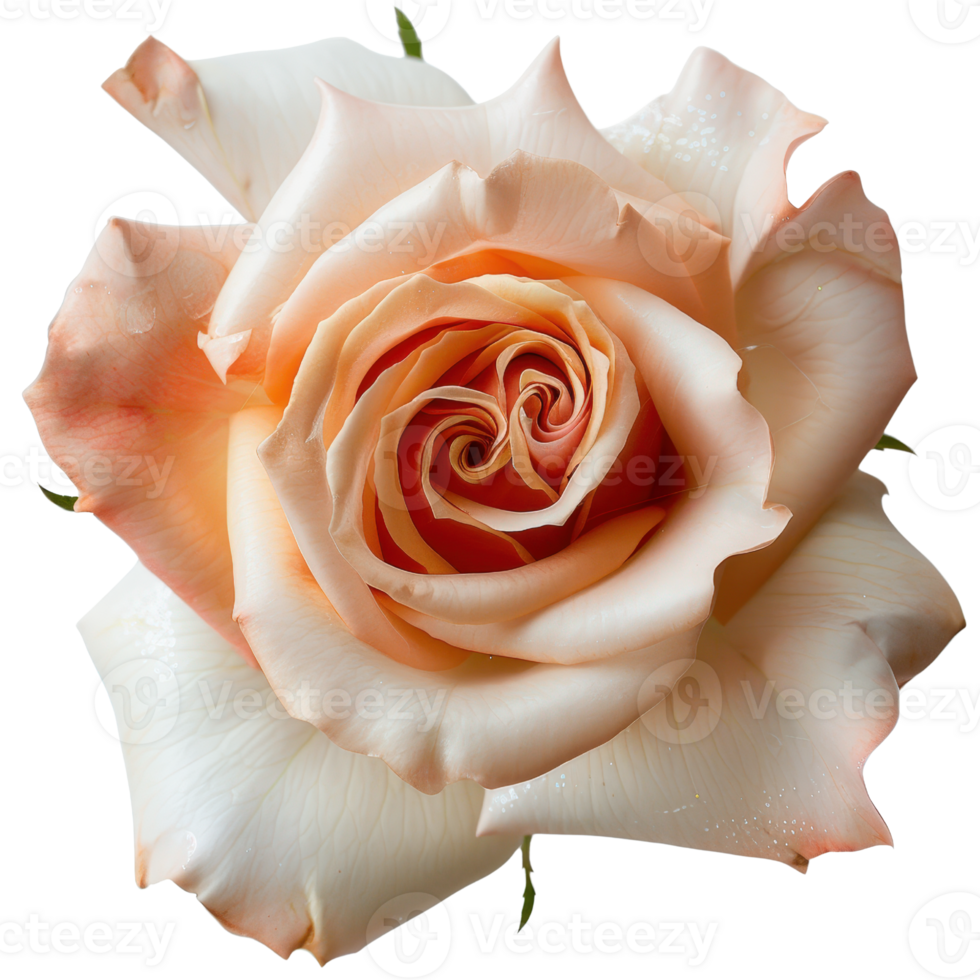 Close-up View of Soft Peach Rose Blossom with Delicate Petals and Intricate Spiral Center in Natural Light png