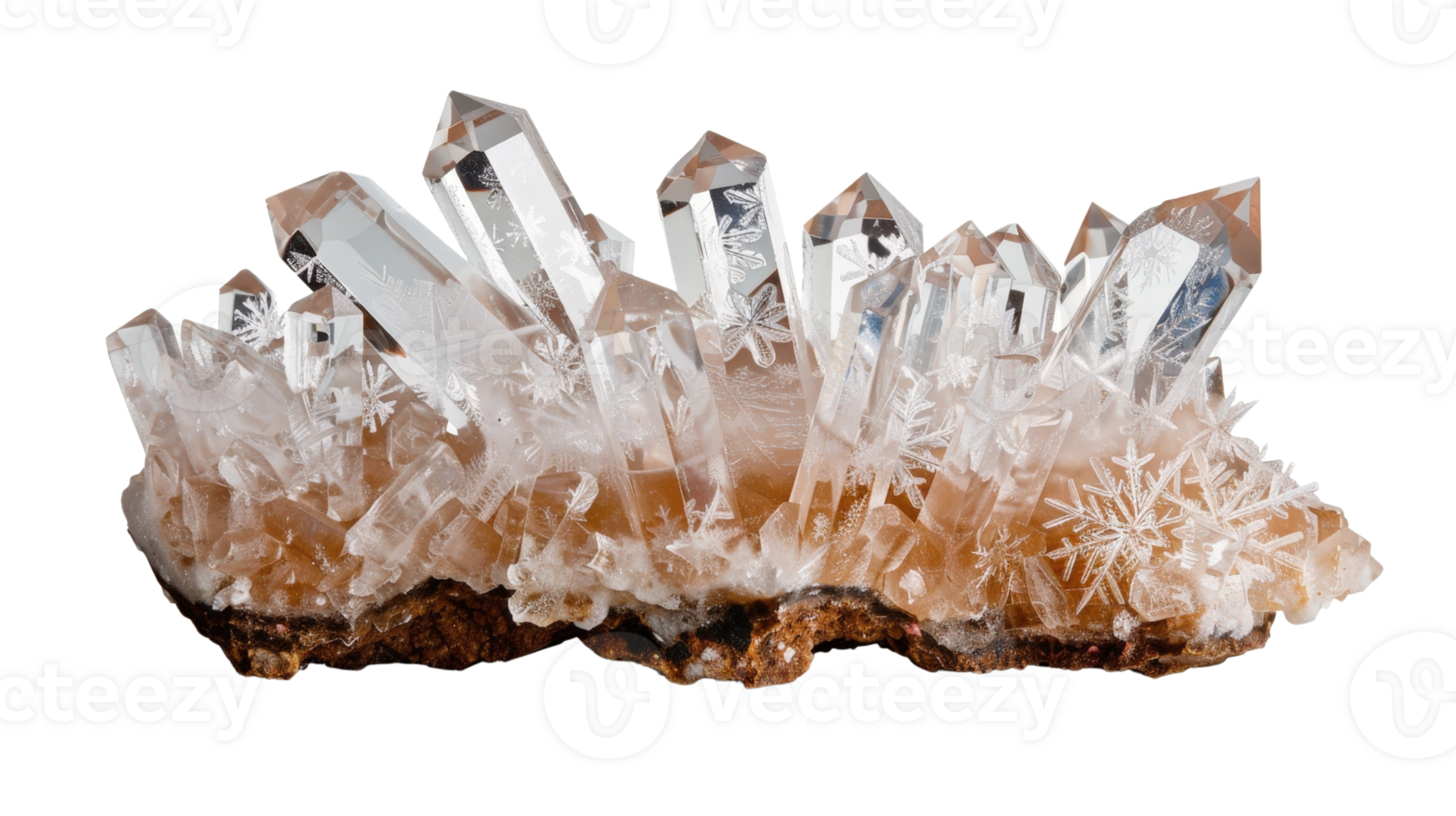 Stunning Clear Quartz Crystal Cluster with Unique Snowflake Patterns and Shimmering Facets on a Brown Base png