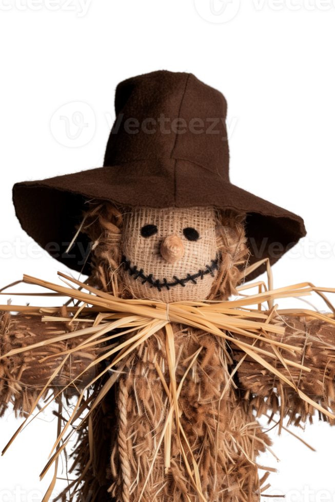 Scarecrow Made of Straw and Burlap with a Brown Hat and Smiling Face for Autumn Harvest Decoration and Farm Scene png