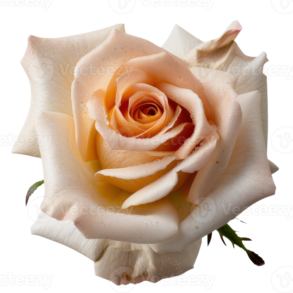 Beautiful close-up of a delicate peach rose with soft petals and water droplets on a transparent background png