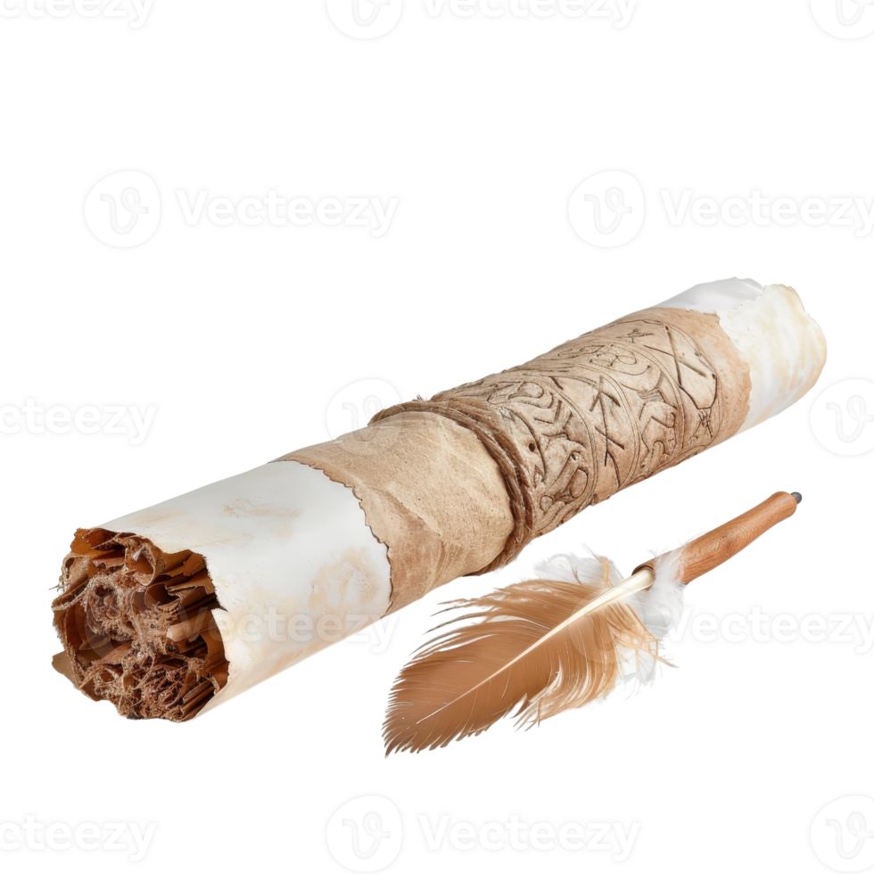 Ancient Scroll with Intricate Designs and Elegant Quill Pen on Soft Background for Historical Themes and Education png