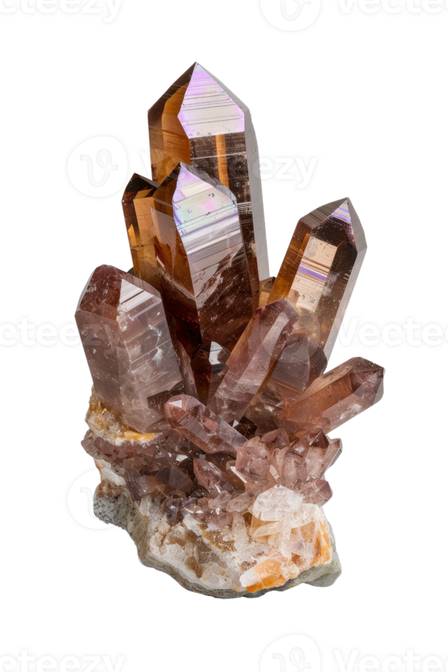 Stunning Multi-Faceted Brown Crystal Formation with Sharp Edges and Unique Layered Color Patterns on White Base Rock png