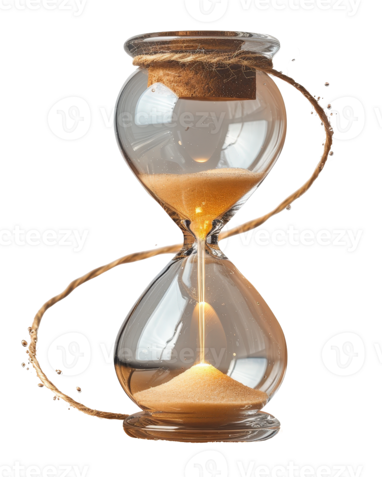 Glass hourglass with golden sand flowing between two chambers, symbolizing the passage of time png