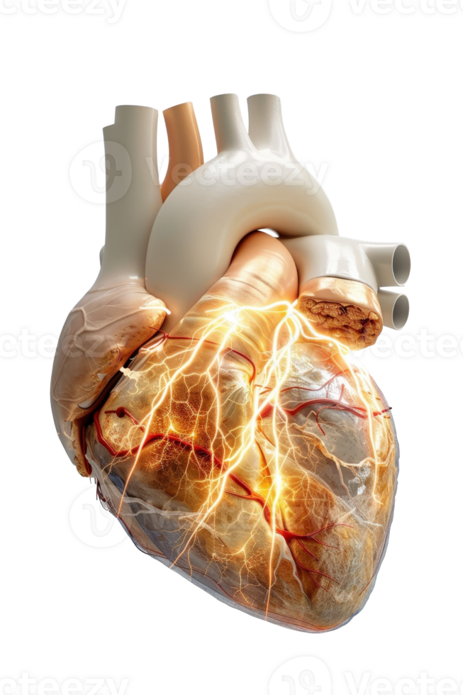 Anatomical Heart Diagram with Electric Energy Flow and Dynamic Textures in Internal Structure for Medical Illustrations png