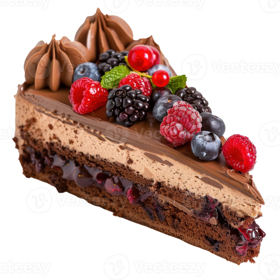 Decadent Chocolate Cake with Fresh Berries and Creamy Frosting on a White Background png