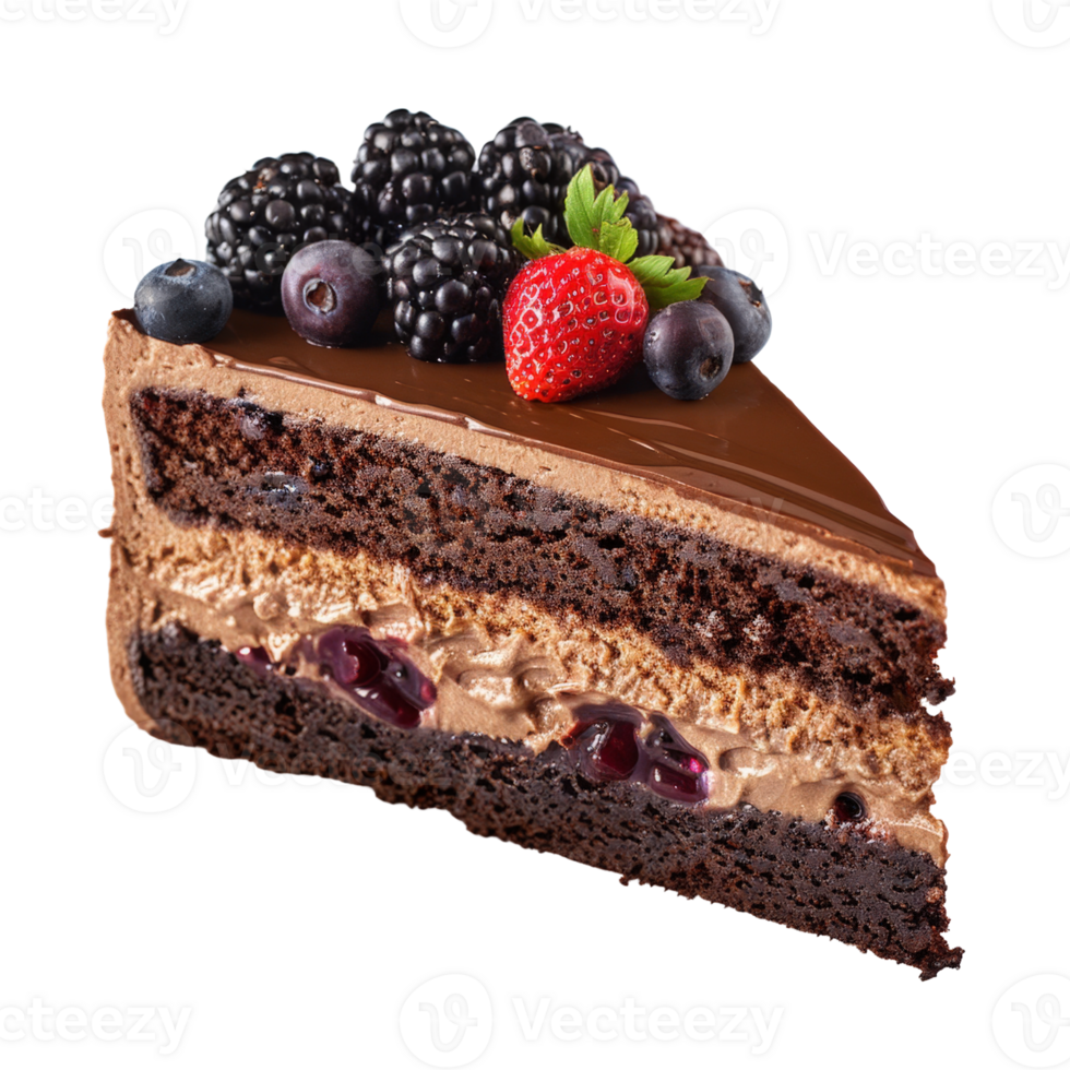 Delicious slice of chocolate cake topped with fresh berries, showcasing layers of creamy filling and rich chocolate frosting png
