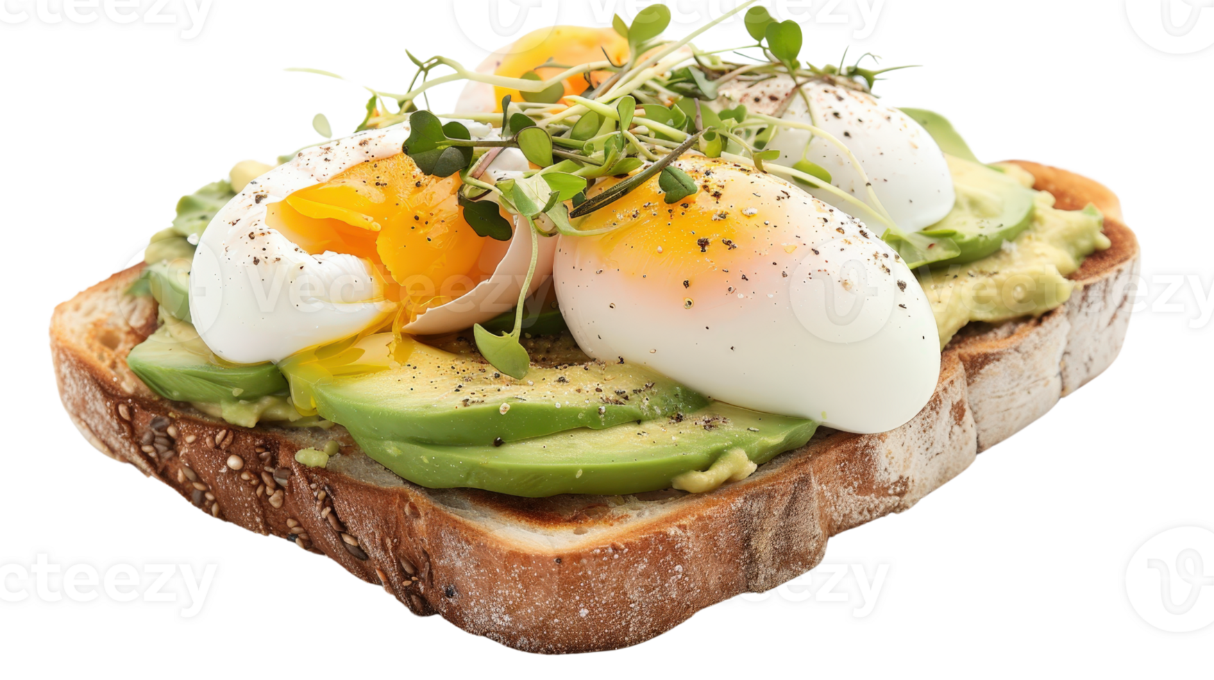 Delicious avocado toast topped with poached eggs and microgreens, perfect for a healthy breakfast or brunch option png
